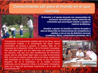 Conocimiento útil para el mundo en el que
vivimos
“Actualmente, el conocimiento explícito está en los libros; pero el
conocimiento implícito y el conocimiento Útil siguen siendo
transmitidos de persona a persona. El maestro debe ser un
humanista de la Educación Crítica y de la Formación Innovadora.
Para esto debe lograr que sus clases sean una experiencia para
sus alumnos, más que una mera transferencia de información
pasiva; esto es, debe añadir algún Valor a su clase (Conocimiento
Útil). Si lo que el maestro enseña está en los libros, simplemente
está fracasando en su misión. En el fondo, el reto del Sistema
Educativo NO es la Enseñanza, en el sentido curricular
tradicional, sino la Educación Crítica y la Formación Innovadora;
éstas son la base del Aprendizaje Experiencial y de la visión del
Conocimiento Útil”
El director y el equipo docente son responsables de
promover aprendizajes reales: selección de
contenidos que provoquen interés y ayuden a
resolver problemas.
Enseñar a pensar en función a valores da poder y
esta se desarrolla en interacciones de compañeros y
adultos y con el uso de distintos recursos
(cuaderno, libros, computadora personas, etc.)
 