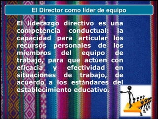 El liderazgo directivo es una
competencia conductual: la
capacidad para articular los
recursos personales de los
miembros del equipo de
trabajo, para que actúen con
eficacia y efectividad en
situaciones de trabajo, de
acuerdo a los estándares del
establecimiento educativo.
El Director como líder de equipo
 