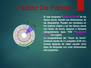 El más temprano "factor de forma" de los
discos duros, heredó sus dimensiones de
las disqueteras. Pueden ser montados en
los mismos chasis y así los discos duros
con factor de forma, pasaron a llamarse
coloquialmente tipos FDD "floppy-disk
drives" (en inglés).
La compatibilidad del "factor de forma"
continua siendo de 3½ pulgadas (8,89 cm.)
incluso después de haber sacado otros
tipos de disquetes con unas dimensiones
más pequeñas.
Factor De Forma
 