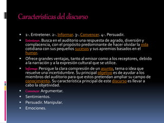 Característicasdeldiscurso
 1-. Entretener. 2-. Informar. 3-. Convencer. 4-. Persuadir.
 Entretener. Busca en el auditorio una respuesta de agrado, diversión y
complacencia, con el propósito predominante de hacer olvidar la vida
cotidiana con sus pequeños sucesos y sus apremios basados en el
humor.
 Ofrece grandes ventajas, tanto al emisor como a los receptores, debido
a la narración y a la expresión cultural que se utilice.
 Informar.Persigue la clara compresión de un asunto, tema o idea que
resuelve una incertidumbre. Su principal objetivo es de ayudar a los
miembros del auditorio para que estos pretendan ampliar su campo de
conocimiento. Su característica principal de este discurso es llevar a
cabo la objetividad.
 Convencer. Argumentar.
 Sentimientos.
 Persuadir. Manipular.
 Emociones.
 