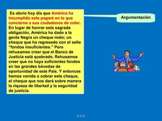 Es obvio hoy día que América ha
incumplido este pagaré en lo que        Argumentación
concierne a sus ciudadanos de color.
En lugar de honrar esta sagrada
obligación, América ha dado a la
gente Negra un cheque malo; un
cheque que ha regresado con el sello
“fondos insuficientes.” Pero
rehusamos creer que el Banco de
Justicia está quebrado. Rehusamos
creer que no haya suficientes fondos
en las grandes bóvedas de
oportunidad de este País. Y entonces
hemos venido a cobrar este cheque,
el cheque que nos dará sobre manera
la riqueza de libertad y la seguridad
de justicia.




                                  AVC
 