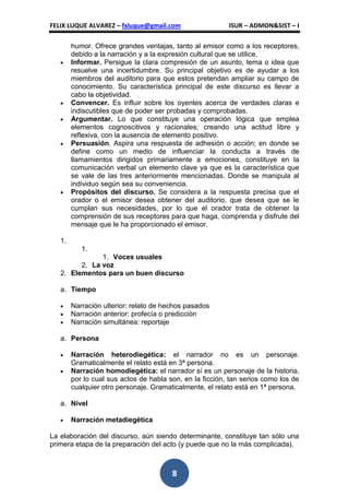 FELIX LUQUE ALVAREZ – fxluque@gmail.com                   ISUR – ADMON&SIST – I

        humor. Ofrece grandes ventajas, tanto al emisor como a los receptores,
        debido a la narración y a la expresión cultural que se utilice.
        Informar. Persigue la clara compresión de un asunto, tema o idea que
        resuelve una incertidumbre. Su principal objetivo es de ayudar a los
        miembros del auditorio para que estos pretendan ampliar su campo de
        conocimiento. Su característica principal de este discurso es llevar a
        cabo la objetividad.
        Convencer. Es influir sobre los oyentes acerca de verdades claras e
        indiscutibles que de poder ser probadas y comprobadas.
        Argumentar. Lo que constituye una operación lógica que emplea
        elementos cognoscitivos y racionales; creando una actitud libre y
        reflexiva, con la ausencia de elemento positivo.
        Persuasión. Aspira una respuesta de adhesión o acción; en donde se
        define como un medio de influenciar la conducta a través de
        llamamientos dirigidos primariamente a emociones, constituye en la
        comunicación verbal un elemento clave ya que es la característica que
        se vale de las tres anteriormente mencionadas. Donde se manipula al
        individuo según sea su conveniencia.
        Propósitos del discurso. Se considera a la respuesta precisa que el
        orador o el emisor desea obtener del auditorio, que desea que se le
        cumplan sus necesidades, por lo que el orador trata de obtener la
        comprensión de sus receptores para que haga, comprenda y disfrute del
        mensaje que le ha proporcionado el emisor.

   1.
           1.
               1. Voces usuales
         2. La voz
   2. Elementos para un buen discurso

   a. Tiempo

        Narración ulterior: relato de hechos pasados
        Narración anterior: profecía o predicción
        Narración simultánea: reportaje

   a. Persona

        Narración heterodiegética: el narrador no es un personaje.
        Gramaticalmente el relato está en 3ª persona.
        Narración homodiegética: el narrador sí es un personaje de la historia,
        por lo cual sus actos de habla son, en la ficción, tan serios como los de
        cualquier otro personaje. Gramaticalmente, el relato está en 1ª persona.

   a. Nivel

        Narración metadiegética

La elaboración del discurso, aún siendo determinante, constituye tan sólo una
primera etapa de la preparación del acto (y puede que no la más complicada).



                                        8
 