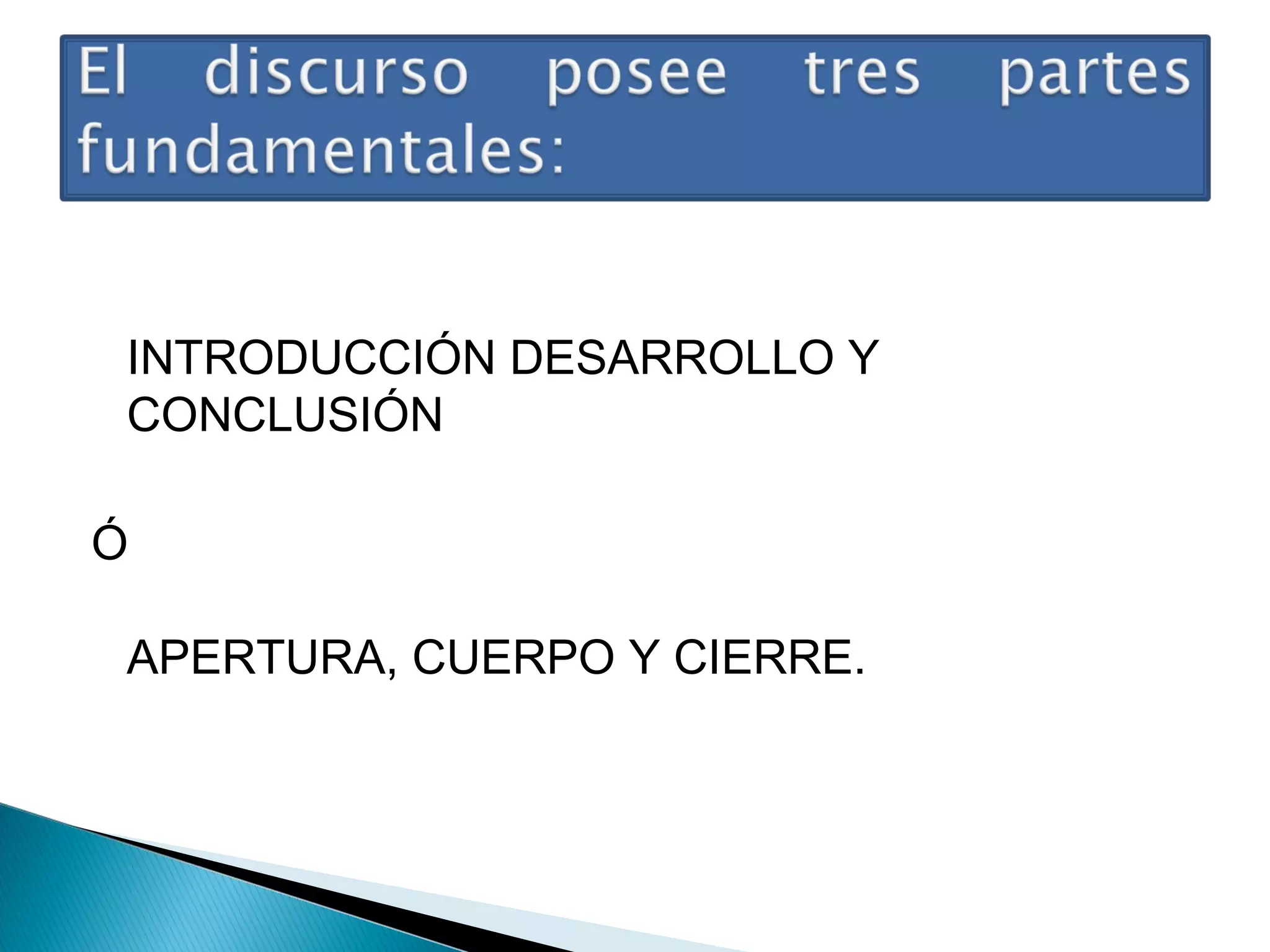 INTRODUCCIÓN DESARROLLO Y
CONCLUSIÓN
Ó
APERTURA, CUERPO Y CIERRE.

 