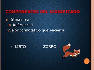 COMPONENTES DEL SIGNIFICADO 
 Sinonimia 
 Referencial 
Valor connotativo que encierra 
• LISTO = ZORRO 
 