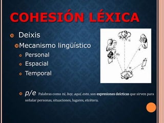 COHESIÓN LÉXICA 
 Deixis 
Mecanismo lingüístico 
 Personal 
 Espacial 
 Temporal 
 p/e Palabras como tú, hoy, aquí, esto, son expresiones deícticas que sirven para 
señalar personas, situaciones, lugares, etcétera. 
 