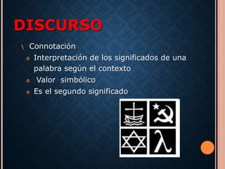 DISCURSO 
 Connotación 
 Interpretación de los significados de una 
palabra según el contexto 
 Valor simbólico 
 Es el segundo significado 
 