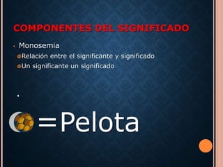 COMPONENTES DEL SIGNIFICADO 
• Monosemia 
Relación entre el significante y significado 
Un significante un significado 
• 
=Pelota 
 