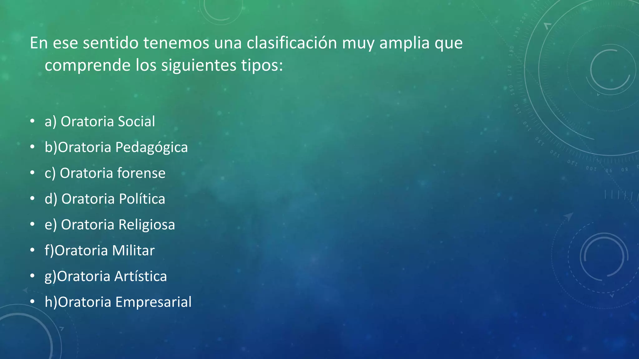 En ese sentido tenemos una clasificación muy amplia que
comprende los siguientes tipos:
• a) Oratoria Social
• b)Oratoria Pedagógica
• c) Oratoria forense
• d) Oratoria Política
• e) Oratoria Religiosa
• f)Oratoria Militar
• g)Oratoria Artística
• h)Oratoria Empresarial
 