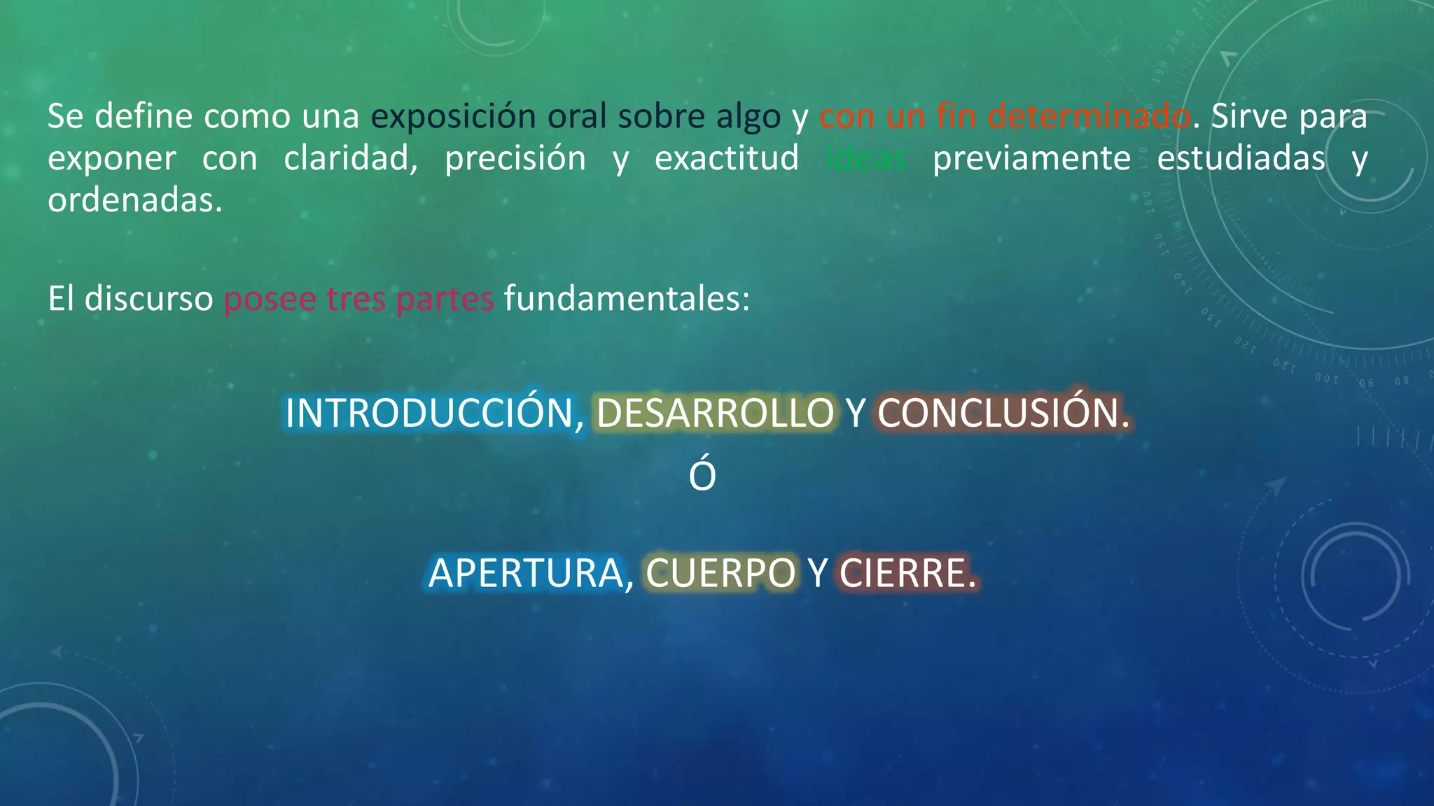 Se define como una exposición oral sobre algo y con un fin determinado. Sirve para
exponer con claridad, precisión y exactitud ideas previamente estudiadas y
ordenadas.
El discurso posee tres partes fundamentales:
INTRODUCCIÓN, DESARROLLO Y CONCLUSIÓN.
Ó
APERTURA, CUERPO Y CIERRE.
 