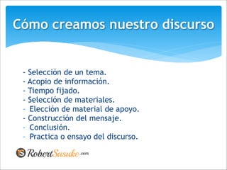 - Selección de un tema.
- Acopio de información.
- Tiempo fijado.
- Selección de materiales.
- Elección de material de apoyo.
- Construcción del mensaje.
- Conclusión.
- Practica o ensayo del discurso.
Cómo creamos nuestro discurso
 
