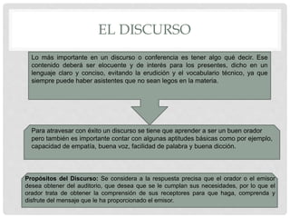 EL DISCURSO
Lo más importante en un discurso o conferencia es tener algo qué decir. Ese
contenido deberá ser elocuente y de interés para los presentes, dicho en un
lenguaje claro y conciso, evitando la erudición y el vocabulario técnico, ya que
siempre puede haber asistentes que no sean legos en la materia.
Para atravesar con éxito un discurso se tiene que aprender a ser un buen orador
pero también es importante contar con algunas aptitudes básicas como por ejemplo,
capacidad de empatía, buena voz, facilidad de palabra y buena dicción.
Propósitos del Discurso: Se considera a la respuesta precisa que el orador o el emisor
desea obtener del auditorio, que desea que se le cumplan sus necesidades, por lo que el
orador trata de obtener la comprensión de sus receptores para que haga, comprenda y
disfrute del mensaje que le ha proporcionado el emisor.
 