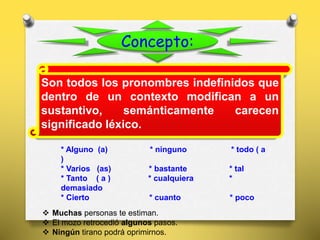 Son todos los pronombres indefinidos que
dentro de un contexto modifican a un
sustantivo, semánticamente carecen
significado léxico.
Concepto:
* Alguno (a) * ninguno * todo ( a
)
* Varios (as) * bastante * tal
* Tanto ( a ) * cualquiera *
demasiado
* Cierto * cuanto * poco
 Muchas personas te estiman.
 El mozo retrocedió algunos pasos.
 Ningún tirano podrá oprimirnos.
 