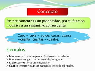 Sintácticamente es un pronombre, por su función
modifica a un sustantivo consecuente
Concepto
Cuyo – cuya -; cuyos, cuyas; cuanta
– cuanto ; cuantas – cuantos.
Ejemplos.
 Irán los estudiantes cuyos calificativos son excelentes.
 Busca a una amiga cuya personalidad te agrade.
 Elige cuantos libros quieres, Esther.
 Cuanta ternura y cuantos recuerdos tengo de mi madre.
 