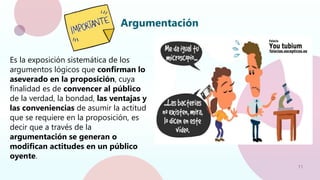 11
Argumentación
Es la exposición sistemática de los
argumentos lógicos que confirman lo
aseverado en la proposición, cuya
finalidad es de convencer al público
de la verdad, la bondad, las ventajas y
las conveniencias de asumir la actitud
que se requiere en la proposición, es
decir que a través de la
argumentación se generan o
modifican actitudes en un público
oyente.
 