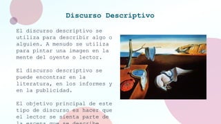 Discurso Descriptivo
El discurso descriptivo se
utiliza para describir algo o
alguien. A menudo se utiliza
para pintar una imagen en la
mente del oyente o lector.
El discurso descriptivo se
puede encontrar en la
literatura, en los informes y
en la publicidad.
El objetivo principal de este
tipo de discurso es hacer que
el lector se sienta parte de
 