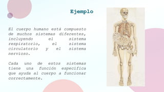 Ejemplo
El cuerpo humano está compuesto
de muchos sistemas diferentes,
incluyendo el sistema
respiratorio, el sistema
circulatorio y el sistema
nervioso.
Cada uno de estos sistemas
tiene una función específica
que ayuda al cuerpo a funcionar
correctamente.
 