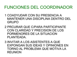 FUNCIONES DEL COORDINADOR
1 COADYUDAR CON SU PRESENCIA A
  MANTENER UNA DISCIPLINA DENTRO DEL
  GRUPO
2 PRCURAR QUE C/PARA PARTICIPANTE
  CON CLARIDAD Y PRECISION DE LOS
  PORMENORES DE LA SITUACION
  PLANTEADA.
3 INVITAR A LOS ASISTENTES A QUE
  EXPONGAN SUS IDEAS Y OPINIONES EN
  TORNO AL PROBLEMA QUE MOTIVA LA
  REUNION
 
