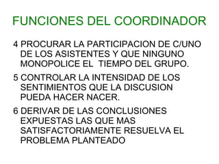 FUNCIONES DEL COORDINADOR
4 PROCURAR LA PARTICIPACION DE C/UNO
  DE LOS ASISTENTES Y QUE NINGUNO
  MONOPOLICE EL TIEMPO DEL GRUPO.
5 CONTROLAR LA INTENSIDAD DE LOS
  SENTIMIENTOS QUE LA DISCUSION
  PUEDA HACER NACER.
6 DERIVAR DE LAS CONCLUSIONES
  EXPUESTAS LAS QUE MAS
  SATISFACTORIAMENTE RESUELVA EL
  PROBLEMA PLANTEADO
 