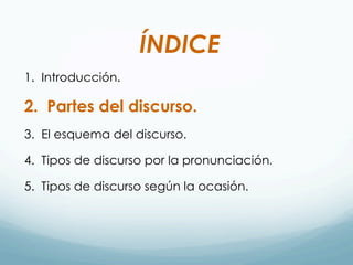 ÍNDICE
1. Introducción.
2. Partes del discurso.
3. El esquema del discurso.
4. Tipos de discurso por la pronunciación.
5. Tipos de discurso según la ocasión.
 