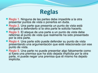 Reglas
Regla 1. Ninguna de las partes debe impedirle a la otra
presentar puntos de vista o ponerlos en duda.
Regla 2. Una parte que presenta un punto de vista está
obligada a defenderlo si la otra parte le solicita hacerlo.
Regla 3. El ataque de una parte a un punto de vista debe
referirse al punto de vista que realmente ha sido presentado
por la otra parte.
Regla 4. Una parte sólo puede defender su punto de vista
presentando una argumentación que esté relacionada con ese
punto de vista.
Regla 5. Una parte no puede presentar algo falsamente como
si fuera una premisa que ha sido dejada implícita por la otra
parte, ni puede negar una premisa que él mismo ha dejado
implícita.
 