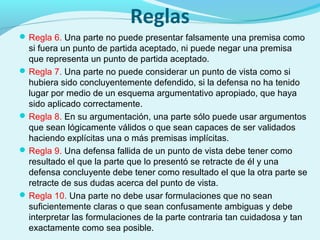 Reglas
Regla 6. Una parte no puede presentar falsamente una premisa como
si fuera un punto de partida aceptado, ni puede negar una premisa
que representa un punto de partida aceptado.
Regla 7. Una parte no puede considerar un punto de vista como si
hubiera sido concluyentemente defendido, si la defensa no ha tenido
lugar por medio de un esquema argumentativo apropiado, que haya
sido aplicado correctamente.
Regla 8. En su argumentación, una parte sólo puede usar argumentos
que sean lógicamente válidos o que sean capaces de ser validados
haciendo explícitas una o más premisas implícitas.
Regla 9. Una defensa fallida de un punto de vista debe tener como
resultado el que la parte que lo presentó se retracte de él y una
defensa concluyente debe tener como resultado el que la otra parte se
retracte de sus dudas acerca del punto de vista.
Regla 10. Una parte no debe usar formulaciones que no sean
suficientemente claras o que sean confusamente ambiguas y debe
interpretar las formulaciones de la parte contraria tan cuidadosa y tan
exactamente como sea posible.
 