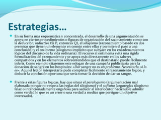 Estrategias…
 En su forma más esquemática y concentrada, el desarrollo de una argumentación se
apoya en ciertos procedimientos o figuras de organización del razonamiento como son
la deducción, inductiva (Si P, entonces Q), el silogismo (razonamiento basado en dos
premisas que tienen un elemento en común entre ellas y permiten el paso a una
conclusión) y el entimema (silogismo implícito que subyace en los encadenamientos
lógicos del discurso de la vida ordinaria). El recurso al entimema evita una rígida
formalización del razonamiento y se apoya más directamente en los saberes
compartidos y en los elementos sobreentendidos que el destinatario puede fácilmente
inferir. Como ejemplo citaremos este eslogan de una campaña publicitaria para la
donación de sangre en los hospitales: «Dar sangre no es un problema. Necesitarla, sí lo
es». Aquí el lector interpretarte pude completar fácilmente el razonamiento lógico, y
deducir la conclusión oportuna que sería tomar la decisión de dar su sangre.
 Frente a estas figuras lógicas, hay que situar el paralogismo (argumentación mal
elaborada porque no respeta las reglas del silogismo) y el sofisma (argureglas silogismo
falaz o intencionadamente engañosa para seducir al interlocutor haciéndole admitir
como verdad lo que es un error o una verdad a medias que persigue un objetivo
interesado).
 