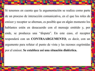  Si tenemos en cuenta que la argumentación se realiza como parte de un proceso de interacción comunicativa, en el que los roles de emisor y receptor se alternan, es posible que en algún momento los hablantes estén en desacuerdo con el mensaje emitido y, por ende, se produzca una “disputa”. En este caso, el receptor responderá con un CONTRAARGUMENTO, es decir, con un argumento para refutar el punto de vista y las razones esgrimidas por el emisor. Se establece así una situación dialéctica.