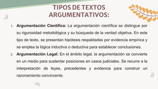 TIPOS DE TEXTOS
ARGUMENTATIVOS:
1. Argumentación Científica: La argumentación científica se distingue por
su rigurosidad metodológica y su búsqueda de la verdad objetiva. En este
tipo de texto, se presentan hipótesis respaldadas por evidencia empírica y
se emplea la lógica inductiva o deductiva para establecer conclusiones.
2. Argumentación Legal: En el ámbito legal, la argumentación se convierte
en un medio para sustentar posiciones en casos judiciales. Se recurre a la
interpretación de leyes, precedentes y evidencia para construir un
razonamiento convincente.
 