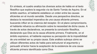 En síntesis, el cuadro analiza los diversos actos de habla en el texto
filosófico que explora la segunda vía de Santo Tomás de Aquino. En el
ámbito asertivo, el hablante establece un orden entre las causas
eficientes en el mundo sensible. Desde una perspectiva directiva, se
destaca la necesidad imperativa de una causa eficiente primera,
buscando influir en la creencia del receptor. En el plano compromisorio,
el hablante refuerza su afirmación sobre la necesidad de dicha causa. A
través de actos declarativos, se presenta la conclusión filosófica,
declarando que Dios es la causa eficiente primera. Finalmente, en el
ámbito expresivo, el hablante expresa su percepción de la imposibilidad
de una entidad ser su propia causa. Este análisis subraya cómo se
utilizan diferentes actos de habla para estructurar el argumento y
persuadir al lector hacia la aceptación de la existencia de una causa
eficiente primera identificada como Dios.
 