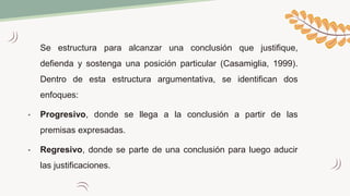 Se estructura para alcanzar una conclusión que justifique,
defienda y sostenga una posición particular (Casamiglia, 1999).
Dentro de esta estructura argumentativa, se identifican dos
enfoques:
• Progresivo, donde se llega a la conclusión a partir de las
premisas expresadas.
• Regresivo, donde se parte de una conclusión para luego aducir
las justificaciones.
 