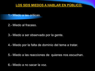 LOS SEIS MIEDOS A HABLAR EN PÚBLICO:
1.- Miedo a las críticas.
2.- Miedo al fracaso.
3.- Miedo a ser observado por la gente.
4.- Miedo por la falta de dominio del tema a tratar.
5.- Miedo a las reacciones de quienes nos escuchan.
6.- Miedo a no sacar la voz.
 