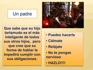 Un padre


Que sabe que su hijo
 tartamudo es el más
                        • Puedes hacerlo
 inteligente de todos
sus otros hijos, pero   • Cálmate
    que cree que su     • Relájate
  forma de hablar le
                        • No te pongas
impedirá cumplir con
                        nervioso
   sus obligaciones.
                        • HAZLO!!!!
 