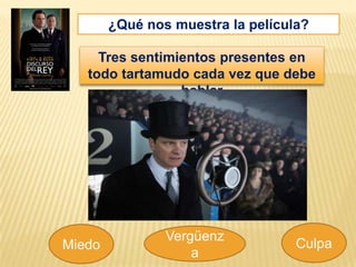 ¿Qué nos muestra la película?

     Tres sentimientos presentes en
   todo tartamudo cada vez que debe
                 hablar




                Vergüenz
Miedo                              Culpa
                    a
 