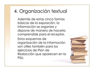 4. Organización textual  Además de estas cinco formas básicas de la exposición, la información se organiza y dispone de manera de hacerla comprensible para el receptor.  Estos esquemas de organización de la información son útiles también para los ejercicios de Plan de Redacción que aparecen en la PSU. 