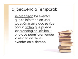 a) Secuencia Temporal: se organizan  los eventos que se informan  en una sucesión o serie  que se rige por un  orden  que puede ser  cronológico, cíclico u otro  que permita entender la ubicación de los eventos en el tiempo.  