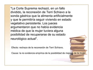 "La Corte Suprema rechazó, en un fallo dividido, la reconexión de Terri Schiavo a la sonda gástrica que la alimenta artificialmente y que le permitiría seguir viviendo en estado vegetativo persistente. Los jueces argumentaron que no había evidencia médica de que la mujer tuviera alguna posibilidad de recuperarse de su estado neurológico actual".   Efecto: rechazo de la reconexión de Terri Schiavo.  Causa: la no evidencia empírica de la posibilidad de mejoría de la mujer.  