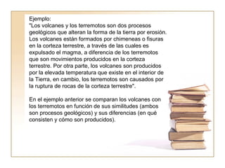 Ejemplo:  "Los volcanes y los terremotos son dos procesos geológicos que alteran la forma de la tierra por erosión.  Los volcanes están formados por chimeneas o fisuras en la corteza terrestre, a través de las cuales es expulsado el magma, a diferencia de los terremotos que son movimientos producidos en la corteza terrestre. Por otra parte, los volcanes son producidos por la elevada temperatura que existe en el interior de la Tierra, en cambio, los terremotos son causados por la ruptura de rocas de la corteza terrestre".  En el ejemplo anterior se comparan los volcanes con los terremotos en función de sus similitudes (ambos son procesos geológicos) y sus diferencias (en qué consisten y cómo son producidos).  