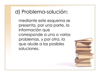 d) Problema-solución:  mediante este esquema se presenta, por una parte, la información que corresponde a uno o varios problemas, y por otra, la que alude a las posibles soluciones.  