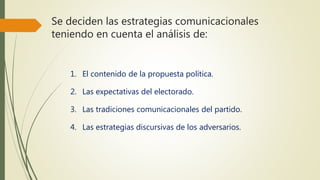 Se deciden las estrategias comunicacionales
teniendo en cuenta el análisis de:
1. El contenido de la propuesta política.
2. Las expectativas del electorado.
3. Las tradiciones comunicacionales del partido.
4. Las estrategias discursivas de los adversarios.
 