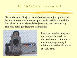 EL CROQUIS . Las vistas 1 El croquis es un dibujo a mano alzada de un objeto que trata de dar una representación lo más aproximada posible a la realidad. Para ello usa tantas vistas del objeto como sean necesarias y añade las cotas que indiquen las medidas Las vistas son las imágenes que se apreciarían de un objeto si lo encerráramos en un cubo transparente y lo miráramos desde cada una de sus seis caras 