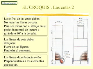 EL CROQUIS . Las cotas 2 Las líneas de cota deben dibujarse: Fuera de las figuras. Paralelas al contorno. Las líneas de referencia serán: Perpendiculares a los elementos que acotan. Las cifras de las cotas deben: No tocar las líneas de cota. Para ser leídas con el dibujo en su posición normal de lectura o girándolo 90º a la derecha. Pulsa aquí para volver al índice 