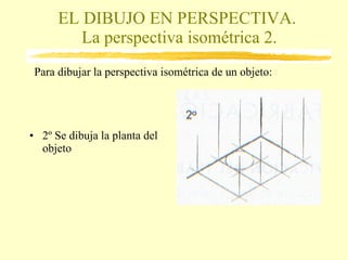 EL DIBUJO EN PERSPECTIVA.  La perspectiva isométrica 2. 2º Se dibuja la planta del objeto Para dibujar la perspectiva isométrica de un objeto: 