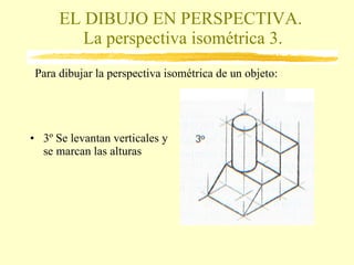 EL DIBUJO EN PERSPECTIVA.  La perspectiva isométrica 3. 3º Se levantan verticales y se marcan las alturas Para dibujar la perspectiva isométrica de un objeto: 