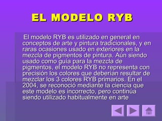 EL MODELO RYB
El modelo RYB es utilizado en general en
conceptos de arte y pintura tradicionales, y en
raras ocasiones usado en exteriores en la
mezcla de pigmentos de pintura. Aún siendo
usado como guía para la mezcla de
pigmentos, el modelo RYB no representa con
precisión los colores que deberían resultar de
mezclar los 3 colores RYB primarios. En el
2004, se reconoció mediante la ciencia que
este modelo es incorrecto, pero continúa
siendo utilizado habitualmente en arte
 