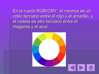 En la rueda RGB/CMY, el naranja es un
color terciario entre el rojo y el amarillo, y
el violeta es otro terciario entre el
magenta y el azul.
 