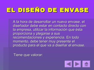 EL DISEÑO DE ENVASE
 A la hora de desarrollar un nuevo envase, el
 diseñador debe estar en contacto directo con
 la empresa, utilizar la información que ésta
 proporciona y plegarse a sus
 recomendaciones y experiencia. En todo
 momento, debe tener muy presente el
 producto para el que va a diseñar el envase.

 Tiene que valorar:
 