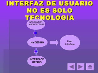 INTERFAZ DE USUARIO
     NO ES SOLO
    TECNOLOGIA
    INFORMATION
    ARCHITECTURE




     Ha DESING       User
                   Interface




     INTERFACE
       DESING
 