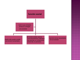 función social todo lo que el diseño produce va dirigido a la sociedad   diseño sólo puede cumplir una función humanitaria  ¡ allí donde existan actores socio-económicos (“clientes”) que asuman un compromiso social real, no perverso. servicio de las necesidades de la sociedad  
