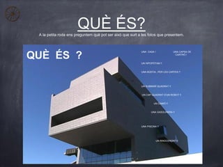 QUÈ ÉS?A la petita roda ens preguntem què pot ser això que surt a les fotos que presentem.
UNA CASA ! UNA CAPSA DE
CARTRÓ ...