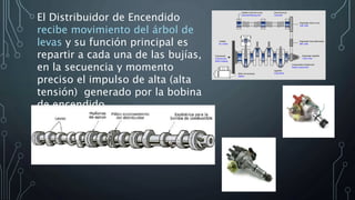 El Distribuidor de Encendido
recibe movimiento del árbol de
levas y su función principal es
repartir a cada una de las bujías,
en la secuencia y momento
preciso el impulso de alta (alta
tensión) generado por la bobina
de encendido.
 